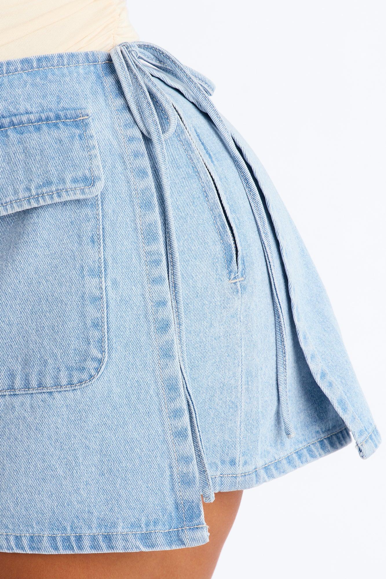 Kimmie Wrap Denim Micro Mini Skort - Light Wash Female Product Image