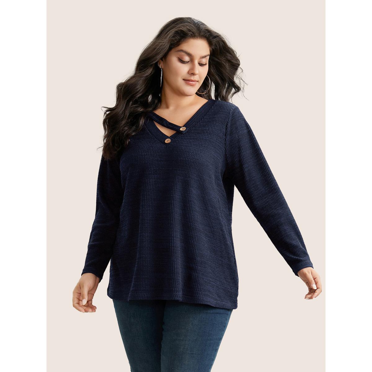 Plus Size Solid Rib Knit Button Detail T-shirt Blue Women Leisure Non Plain V-neck Casual T-shirts BloomChic 18-20/2X Product Image