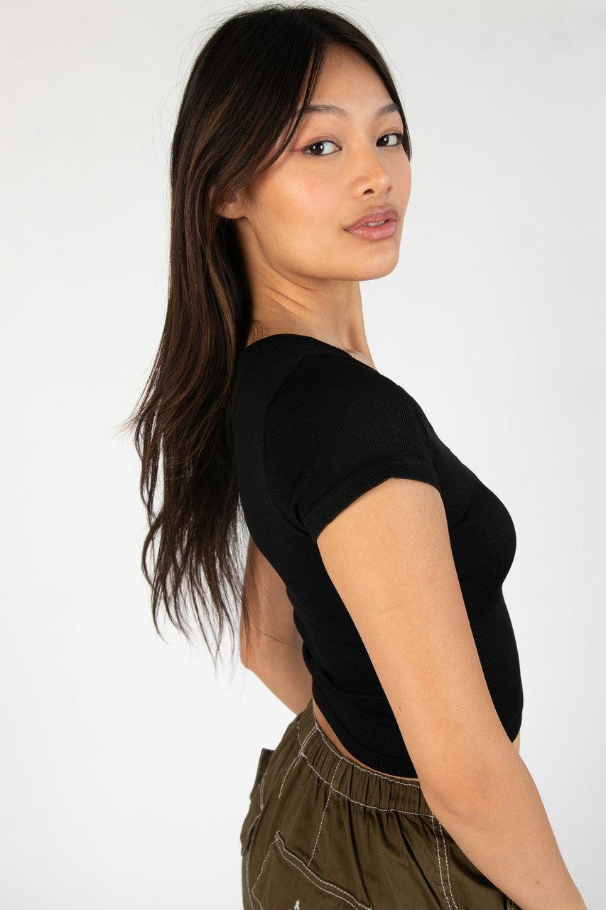 Black Seamless Ribbed Notch Neck Tee Product Image