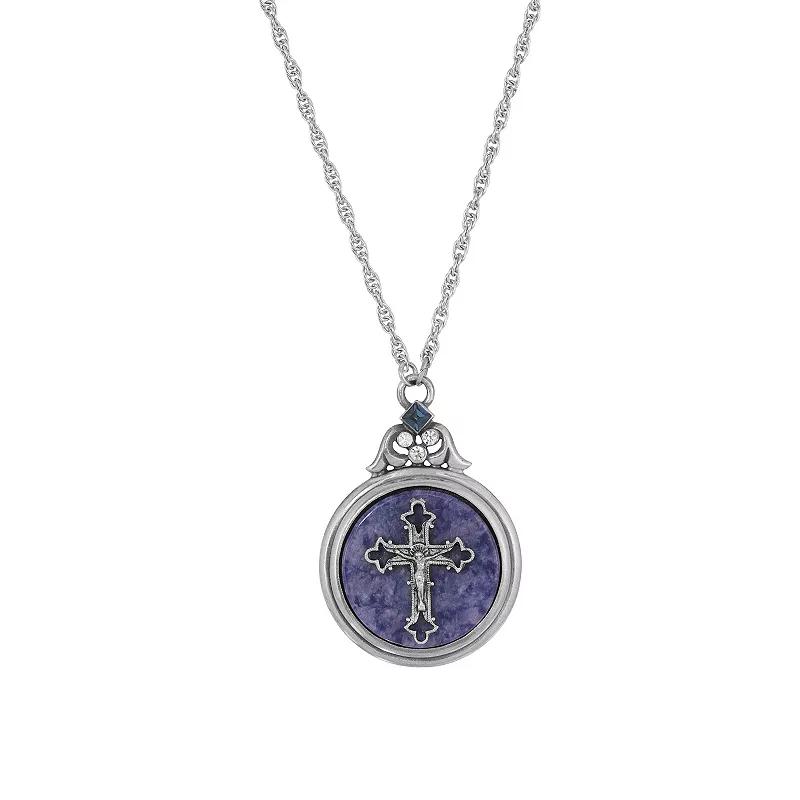 Symbols Of Faith Silver Tone Blue Sodalite Medallion Cross Pendant Necklace 28", Women's Product Image