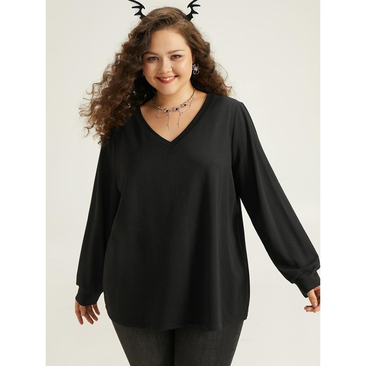 Plus Size Halloween Wing Print Elastic Cuffs Sweatshirt Women Black Casual Printed V-neck Dailywear Sweatshirts BloomChic 26/4X Product Image