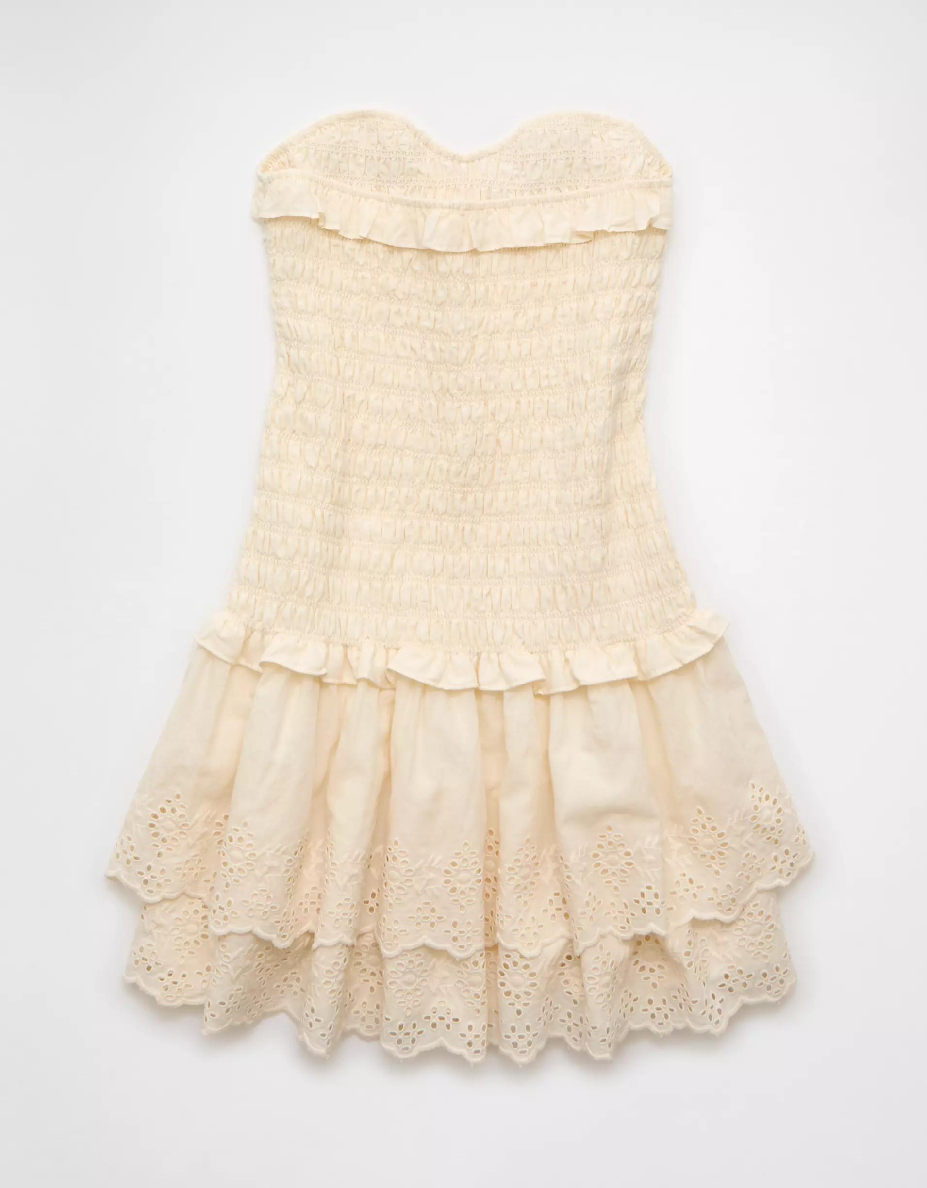 AE Strapless Smocked Ruffle Drop Waist Mini Dress Product Image