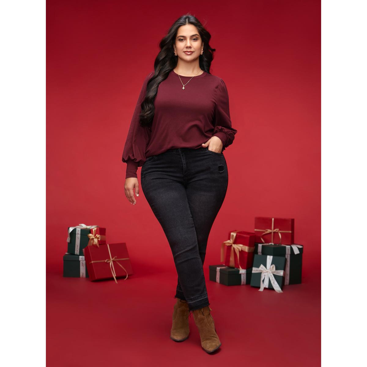 Plus Size Round Neck Balloon Sleeves A-line Tee Burgundy Women Timeless Gathered Round Neck Elegant T-shirts BloomChic 26/4X Product Image