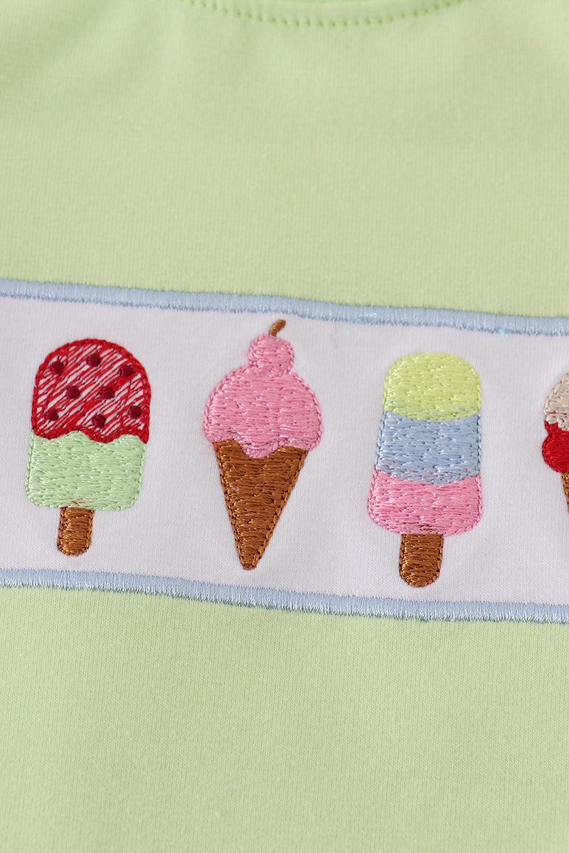 Green ice cream embroidery shorts set Product Image