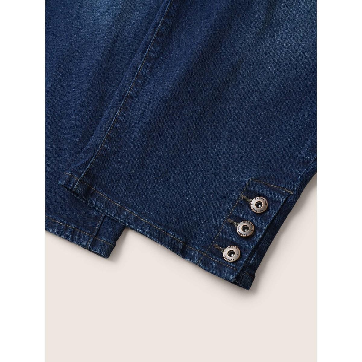 Plus Size High stretch Dark Wash Button Hem Cropped Jeans Women Blue Elegant Button High stretch Slanted pocket Jeans BloomChic 18/2X Product Image
