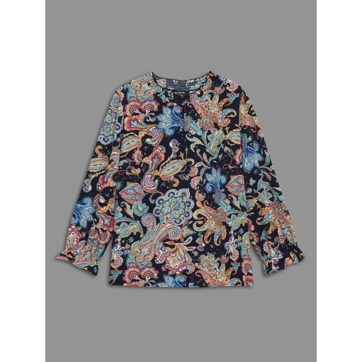 Plus Size Indigo Stand Collar Paisley Shirred Blouse Women Resort Long Sleeve Stand-up collar Vacation Blouses BloomChic 14-16/1X Product Image