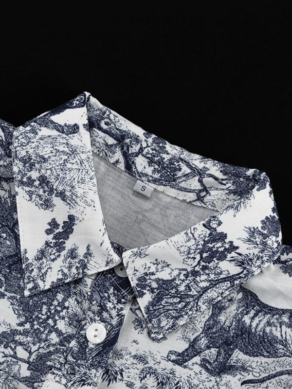 Loose Puff Sleeves Pleated Printed Split-Joint Tied Waist Lapel Mini Dresses Shirt Dress Product Image