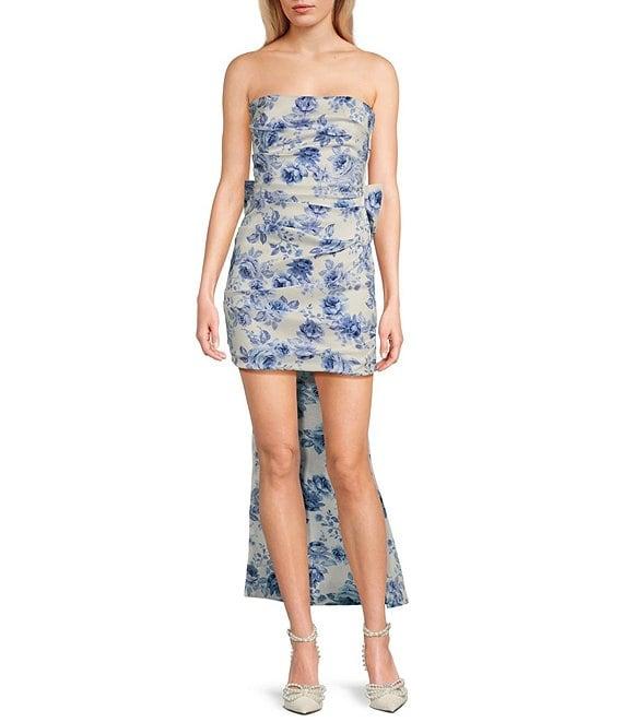 Allison & Kelly Strapless Taffeta Floral Print Bow Back Mini Dress Product Image