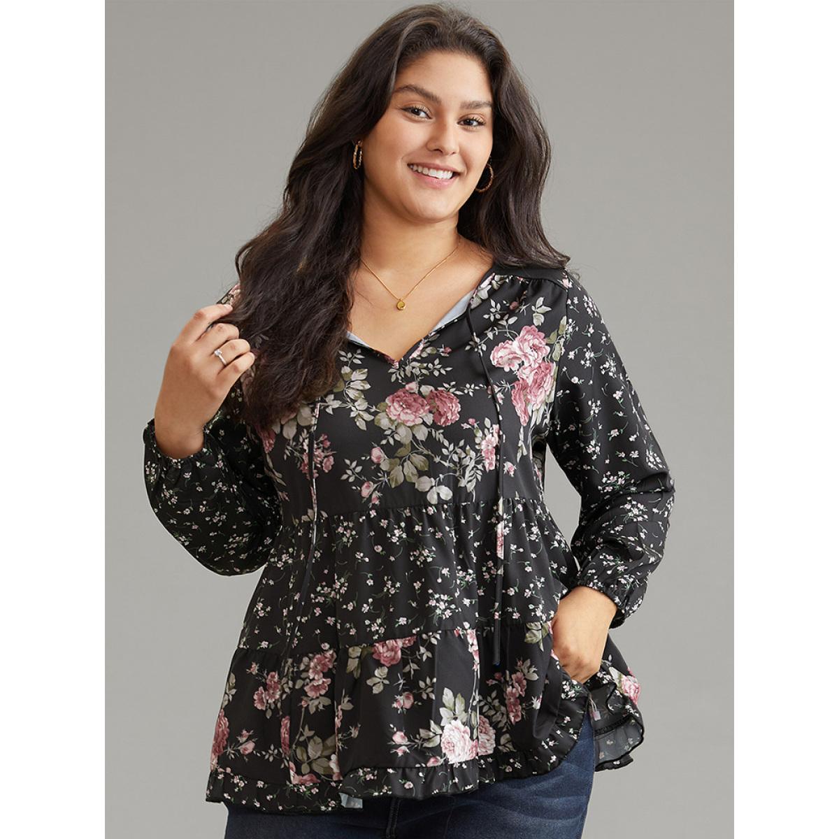 Plus Size Black Floral Knot Neck Lantern Sleeve Ruffle Layered Hem Blouse Women Elegant Long Sleeve Tie Neck Vacation Blouses BloomChic 14-16/1X Product Image