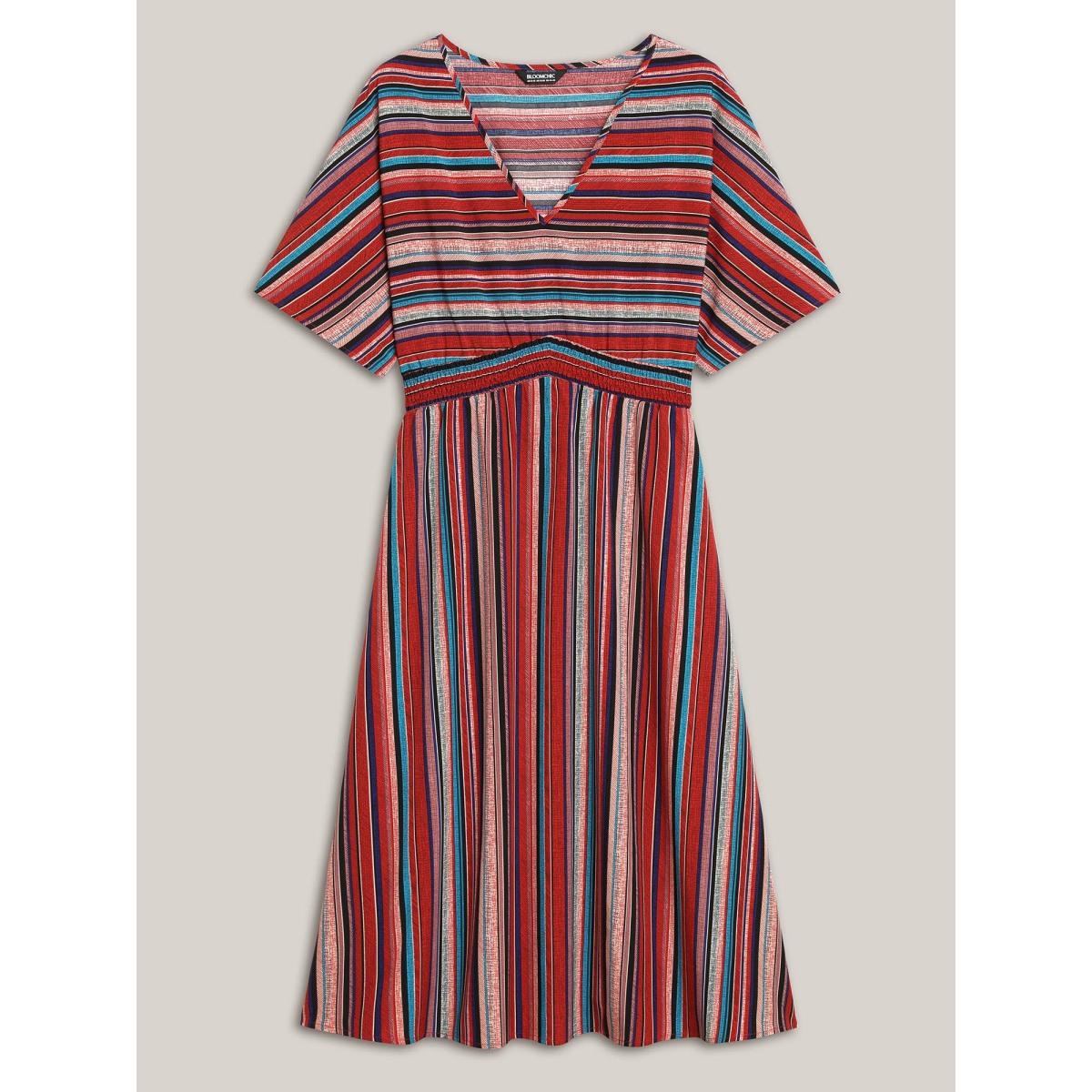 Plus Size Striped Shirred V-Neck Half Sleeve Midi Dress Scarlet Women Resort Shirred V-neck Short sleeve Curvy BloomChic 26/4X Product Image