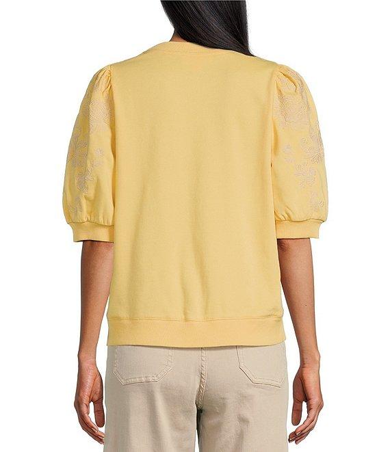 Nurture by Westbound Petite Size Knit Crew Neck Floral Embroidered Elbow Sleeve Top Product Image