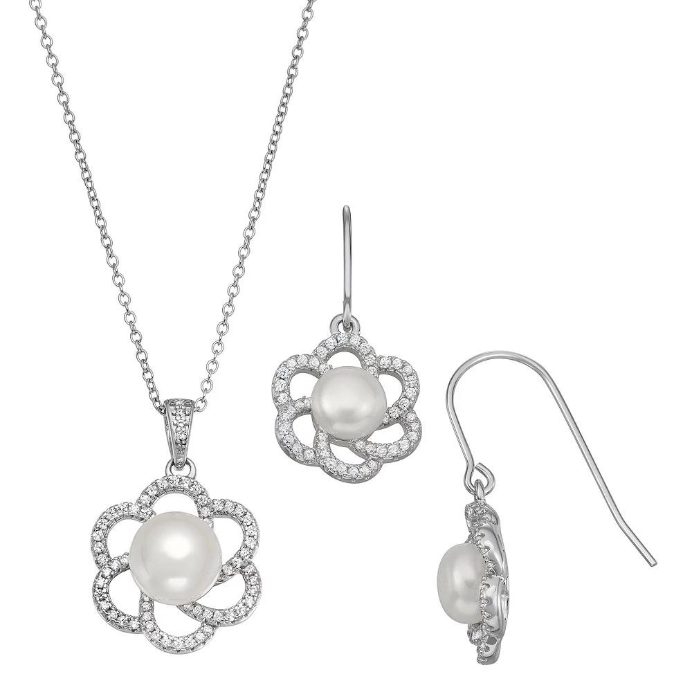 Sterling Silver Freshwater Cultured Pearl & Cubic Zirconia Flower Pendant & Earring Set, Women's, Size: 18" Product Image