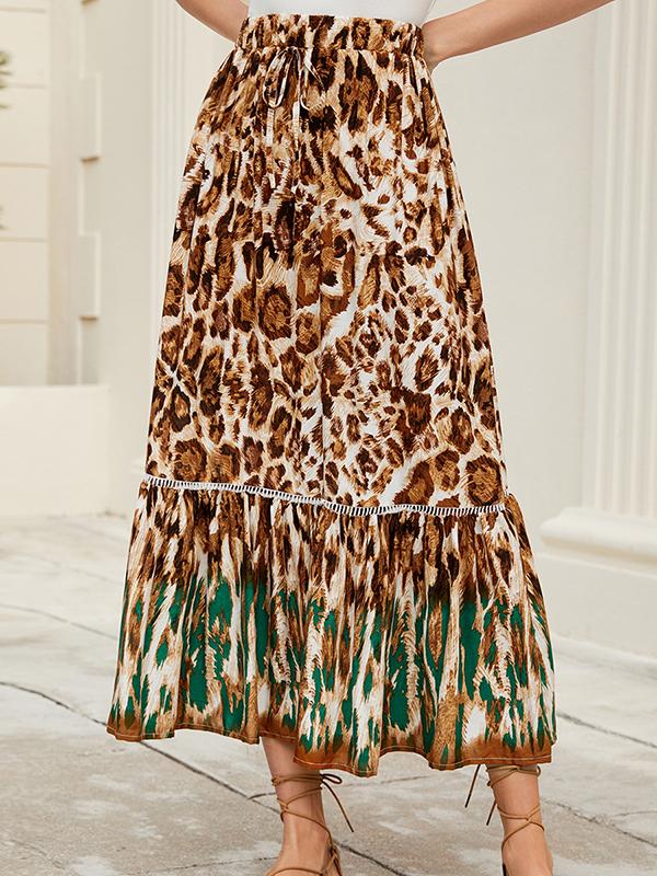 A-Line Loose Drawstring Leopard Split-Joint Skirts Bottoms Product Image