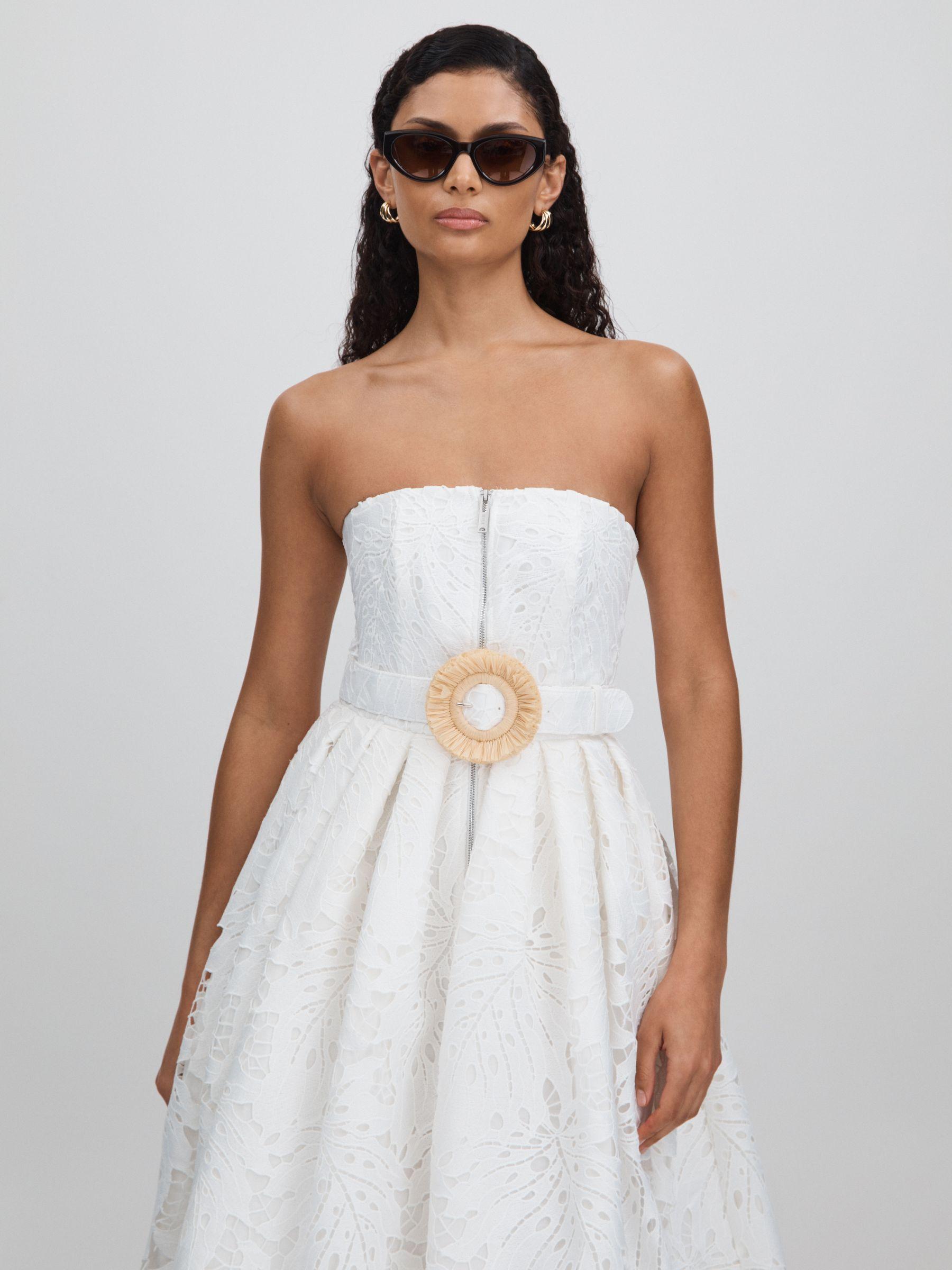 Leo Lin Strapless Lace Belted Midi Dress in Snow White Product Image