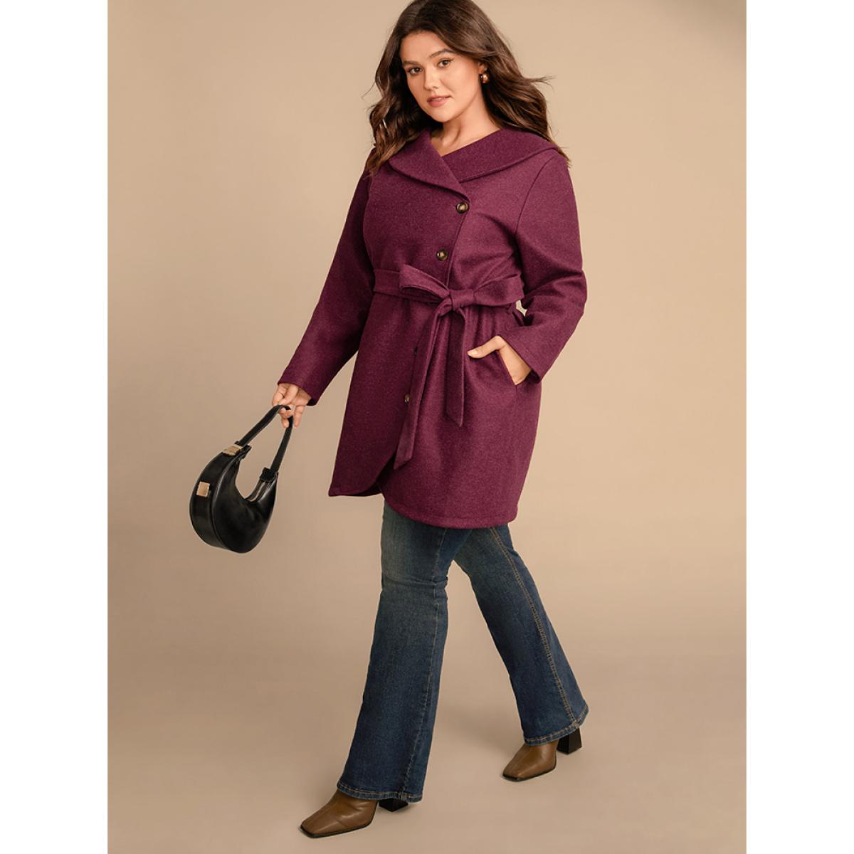 Plus Size Solid Foldover Collar Pocket Asymmetrical Hem Belted Coat Women Burgundy Elegant Cross straps Ladies Dailywear Winter Coats BloomChic 28/5X Product Image