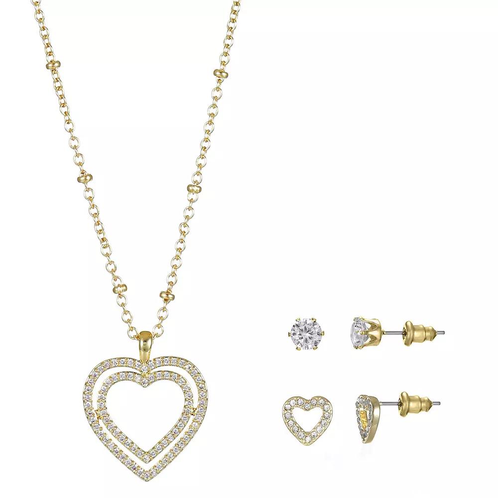 Gold Tone Cubic Zirconia Pave Heart Pendant Necklace & Stud Earrings Duo Set, Women's Product Image