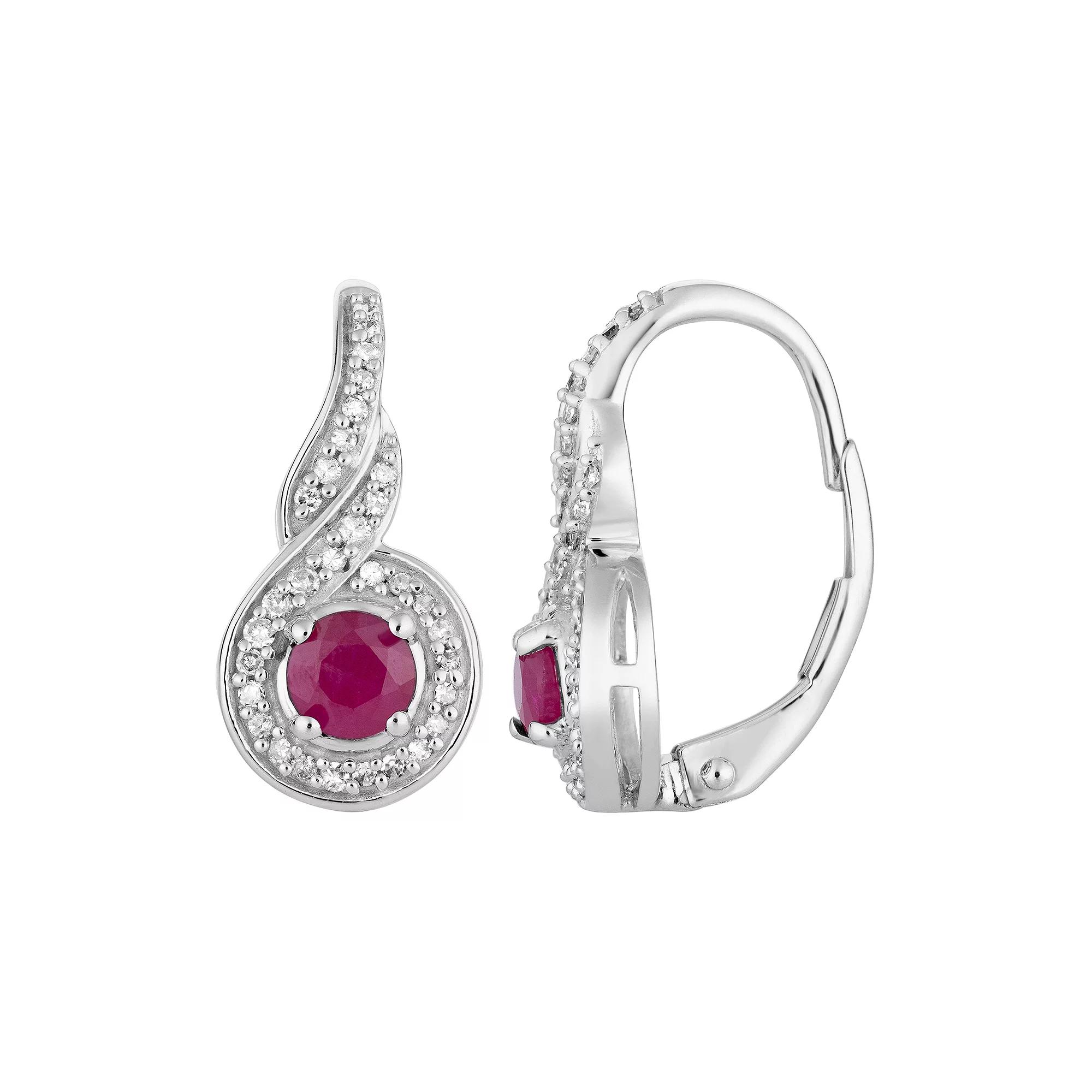 10k White Gold Ruby & 1/5 Carat T.W. Diamond Leverback Earrings, Women's, 10k Whgold Product Image