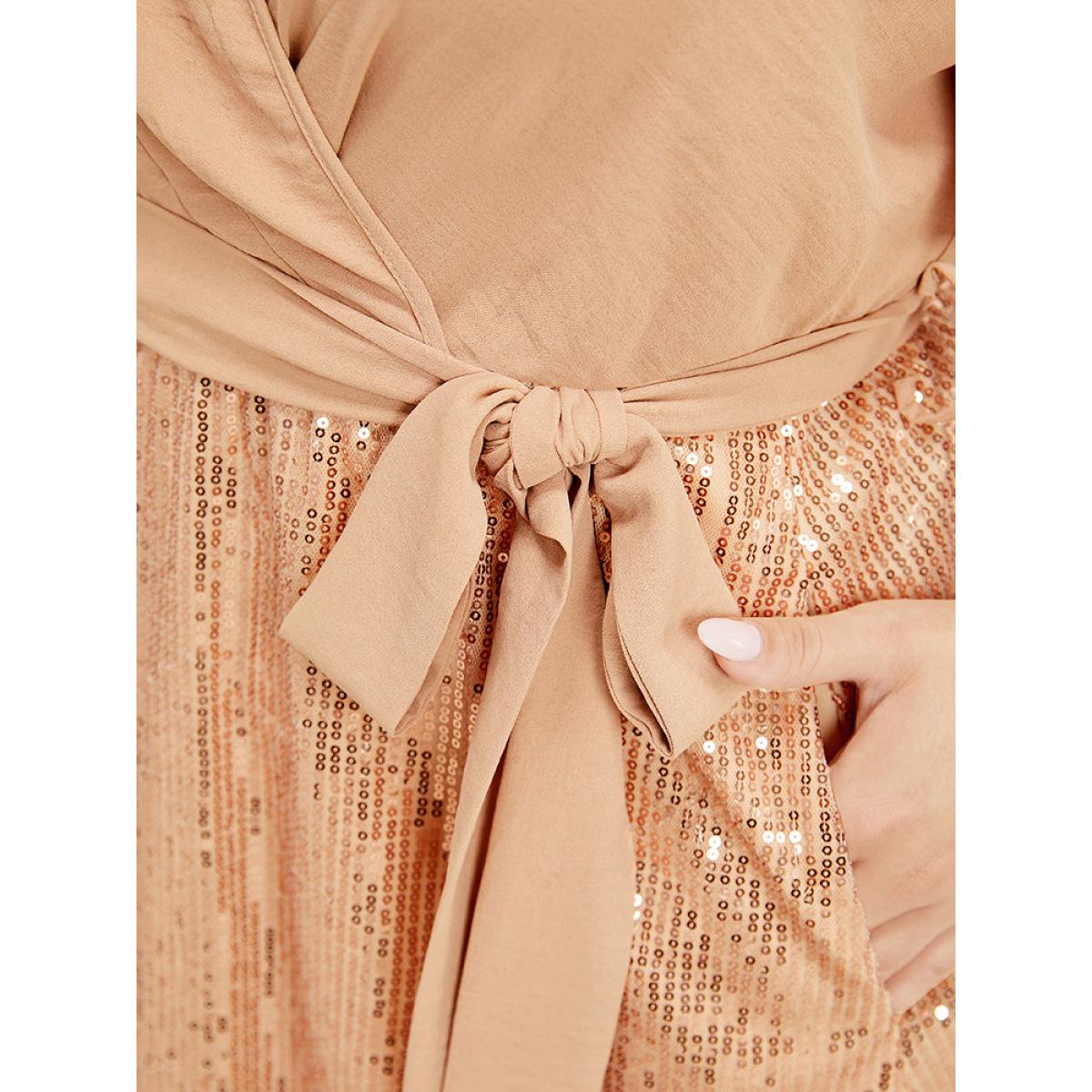 Plus Size Sequin Patchwork Pocket Belted Surplice Neck Ruffle Dress Apricot Women Party Lined V-neck Short sleeve Curvy Knee Dress BloomChic 18-20/2X Product Image