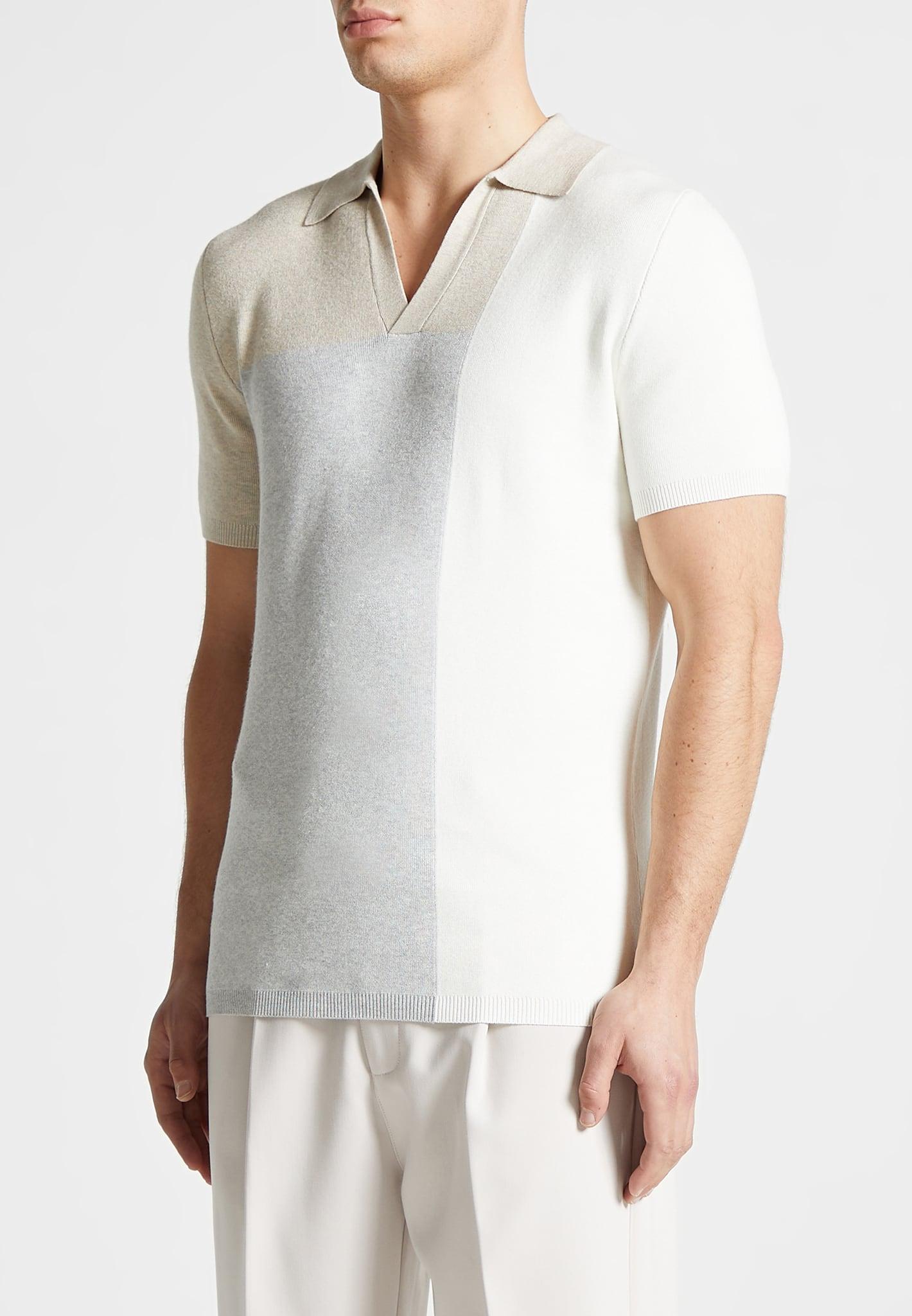Colour Block Knit Revere Polo Top - Beige/Grey Male Product Image