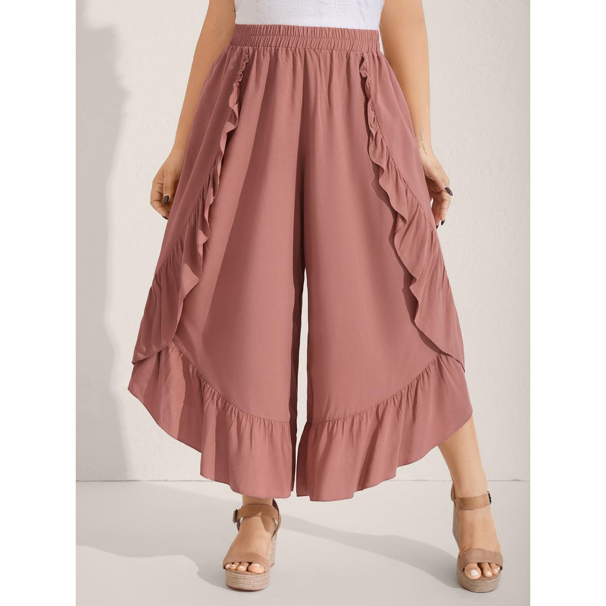 Plus Size Lotus Leaf Edge Solid Wide-Leg Pants Women Rouge Boho Wide Leg Mid Rise Vacation Pants BloomChic 12/L Product Image