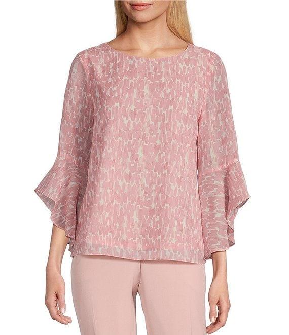Kasper Crew Neck 3/4 Ruffle Sleeve Blouse Product Image
