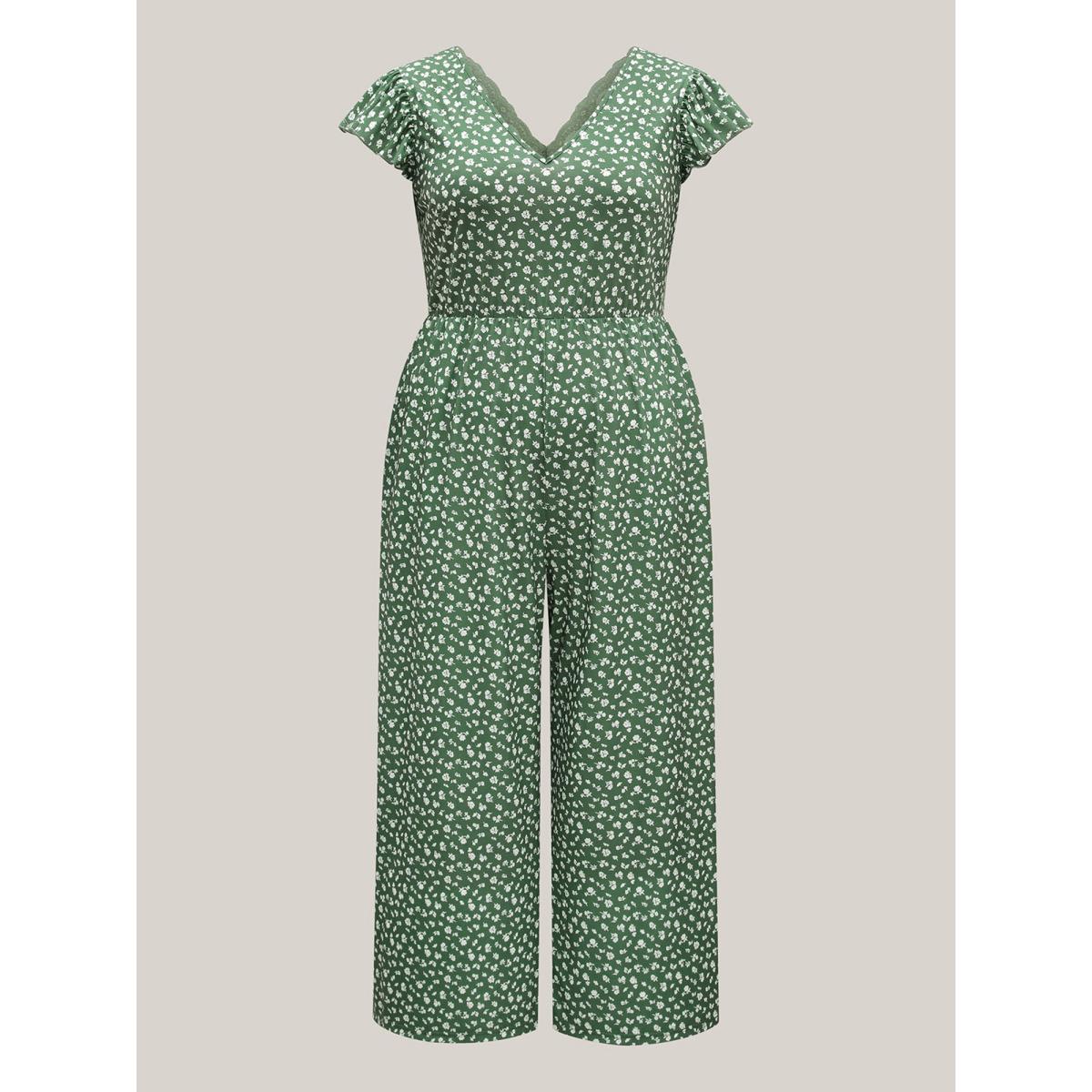 Plus Size Moss Floral Print Backless Ruffled Jumpsuit Women Cap Sleeve V-neck Vacation Loose Jumpsuits BloomChic 28/5X Product Image