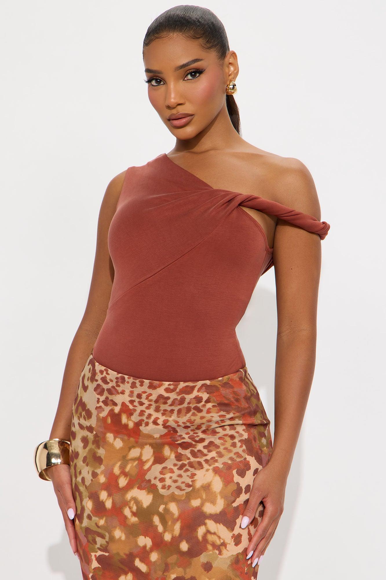 Midnight Views Twist Off Shoulder Bodysuit - Camel Female Product Image