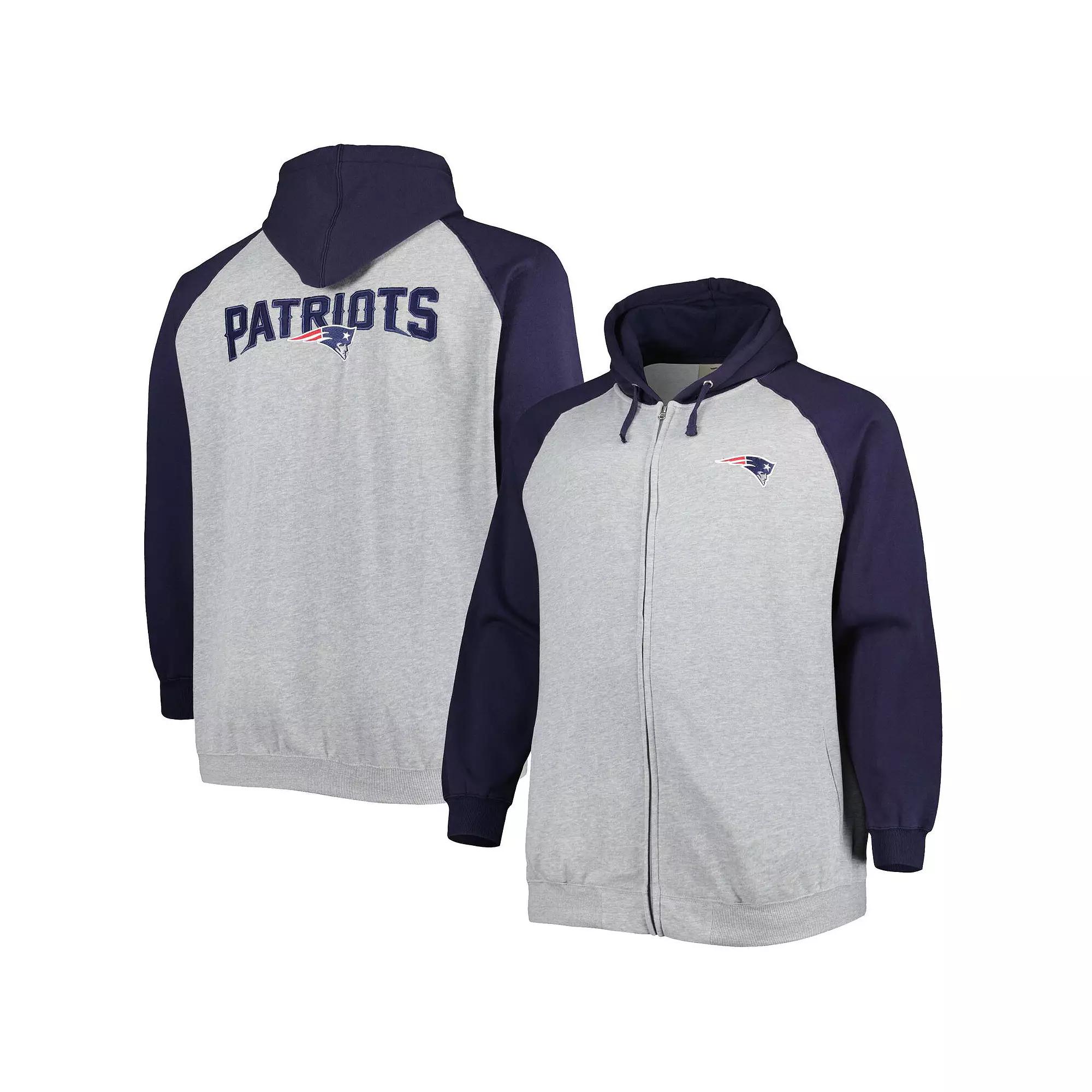Men's Heather Gray New England Patriots Big & Tall Fleece Raglan Full-Zip Hoodie Jacket, Size: 2XLT, Grey Product Image