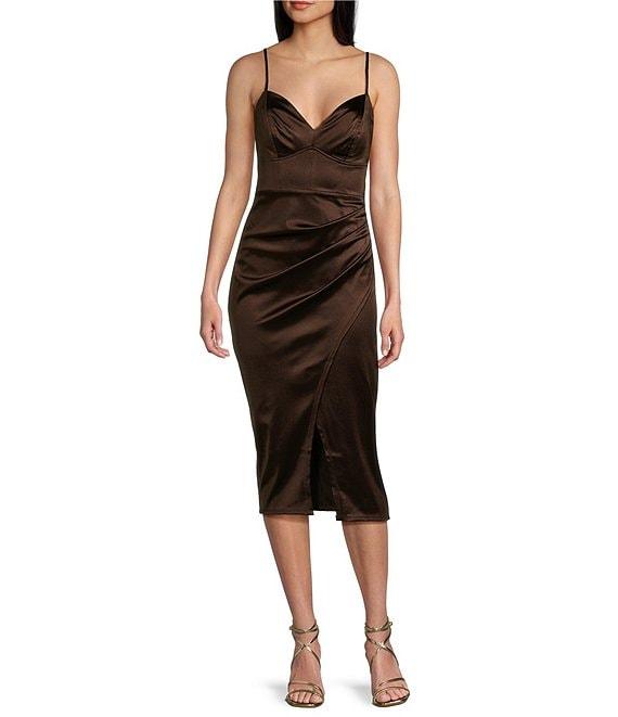 Honey and Rosie V-Neck Fitted Midi Royal Sateen Dress Product Image