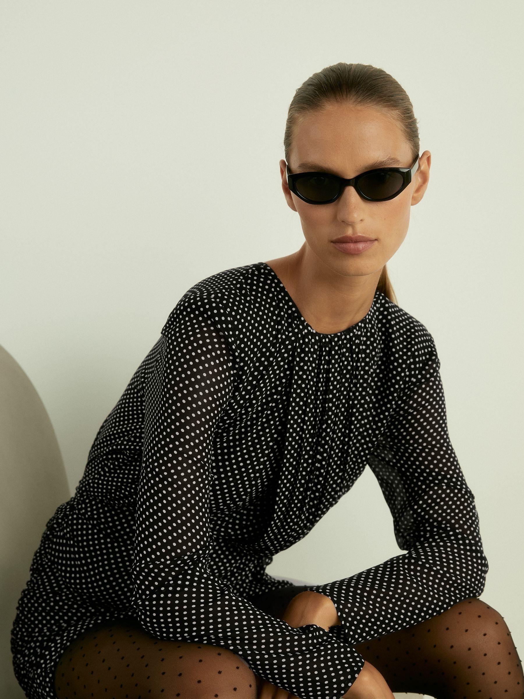 Gathered Polka-Dot Georgette Mini Dress in Black Product Image