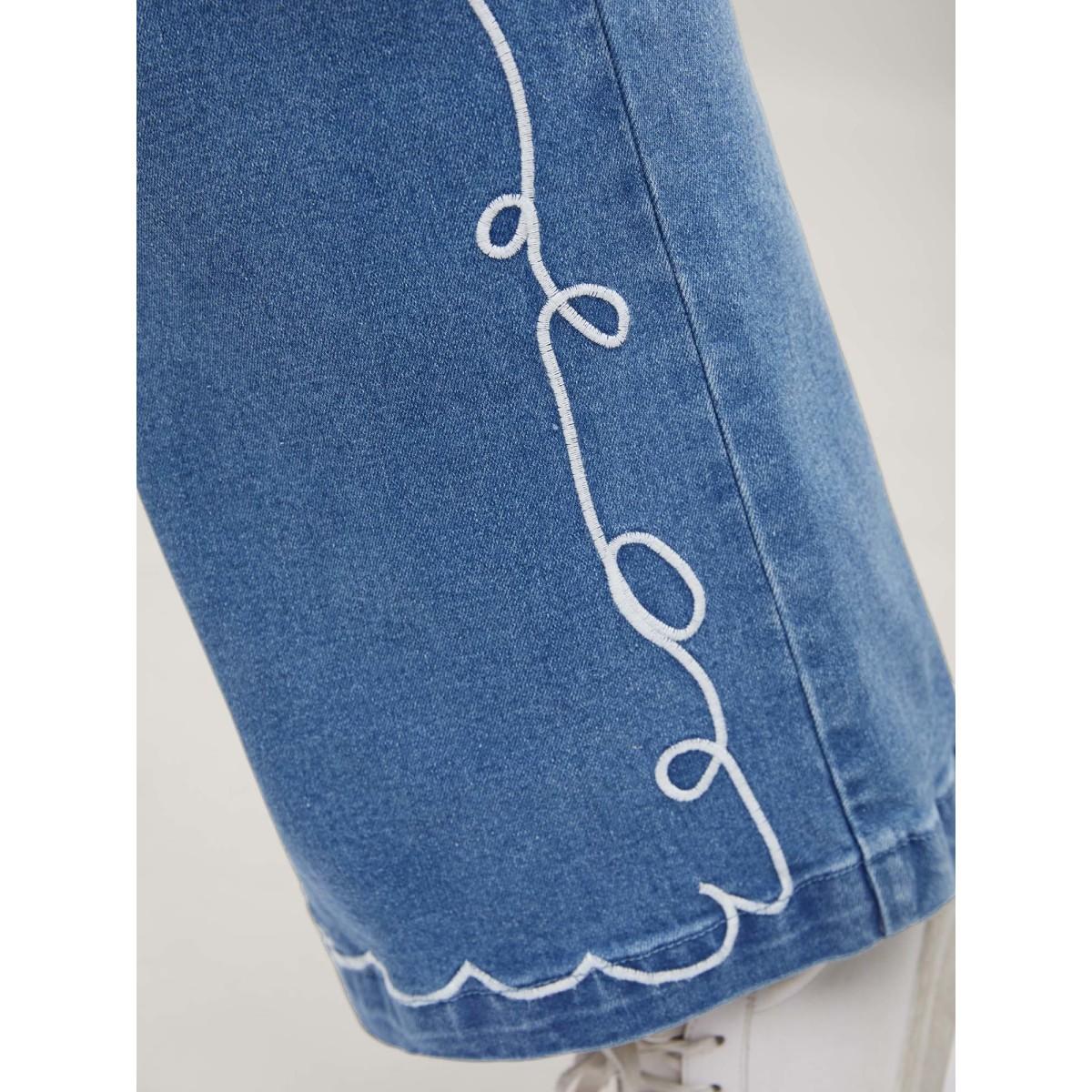 Plus Size Wavy Embroidered Hem Mid Rise Jeans Women Denimblue Medium stretch Slanted pocket Jeans BloomChic 30/6X Product Image