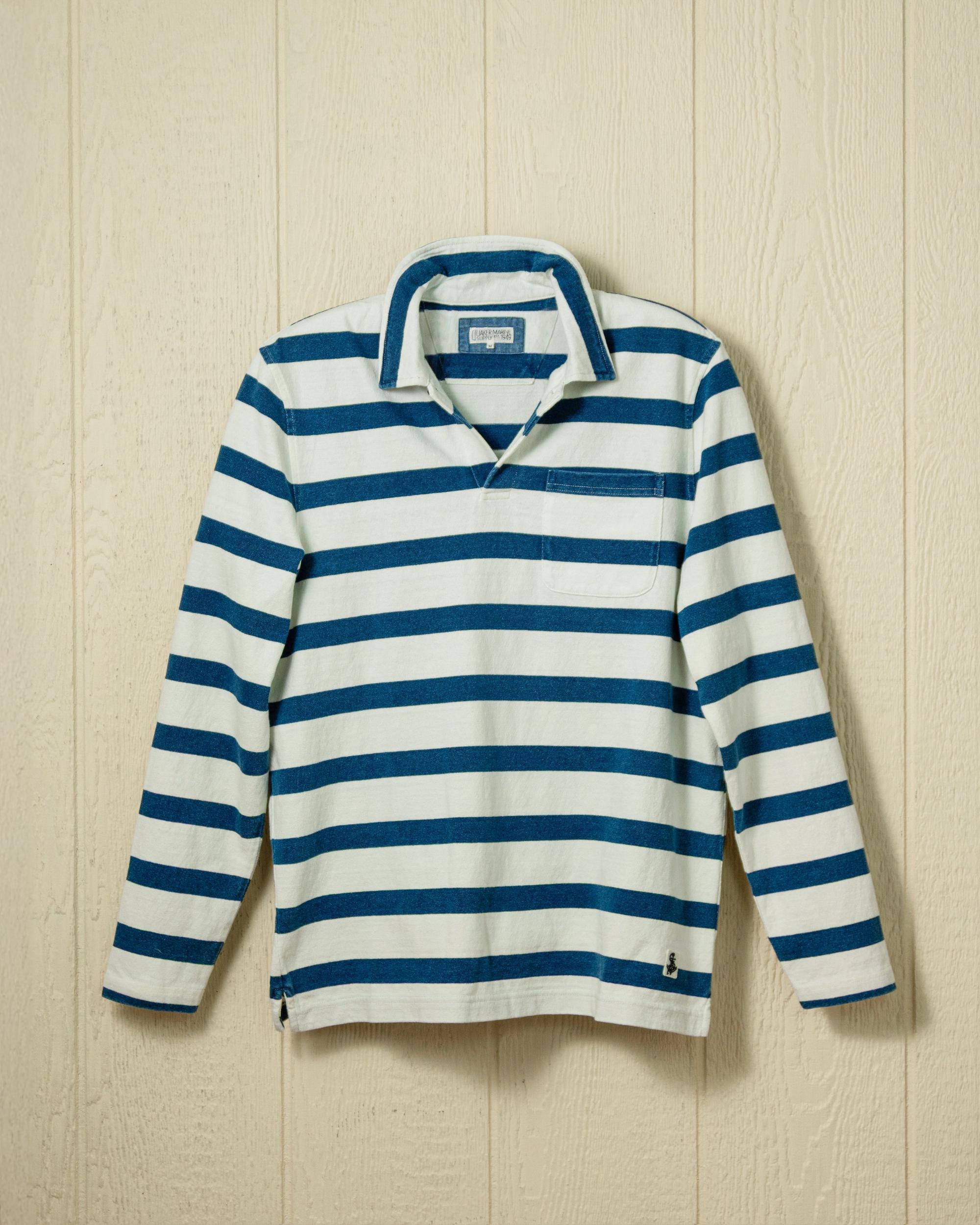 Long Sleeve Indigo Polo in Blue/Antique White Wide Stripe Product Image