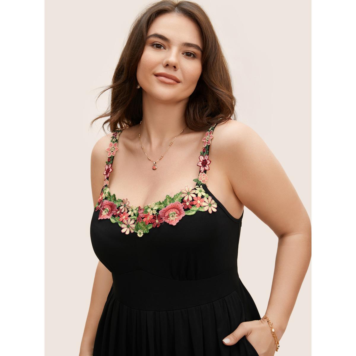 Plus Size Floral Embroidered Pocket Midi Cami Dress Black Women Romantic Embroidered Heart neckline Sleeveless Curvy BloomChic 26/4X Product Image