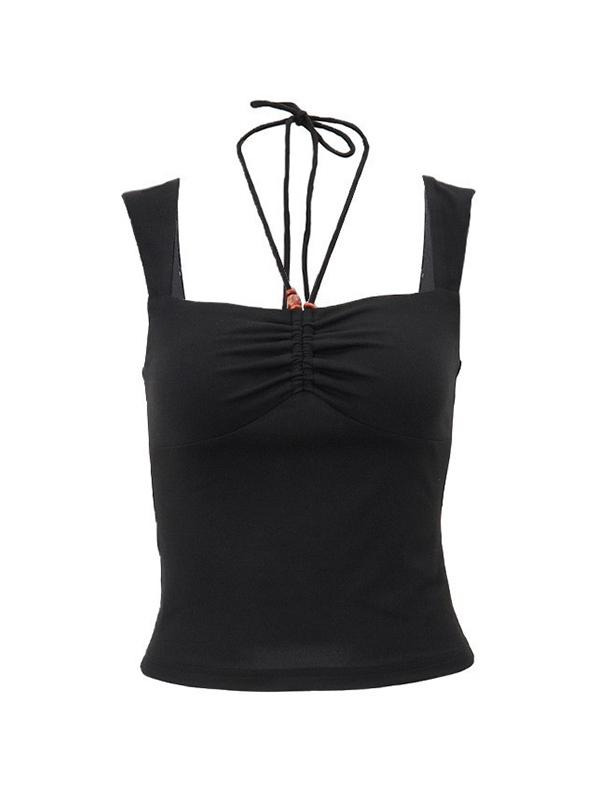 Solid Color Pleated Halter Tank Top Product Image