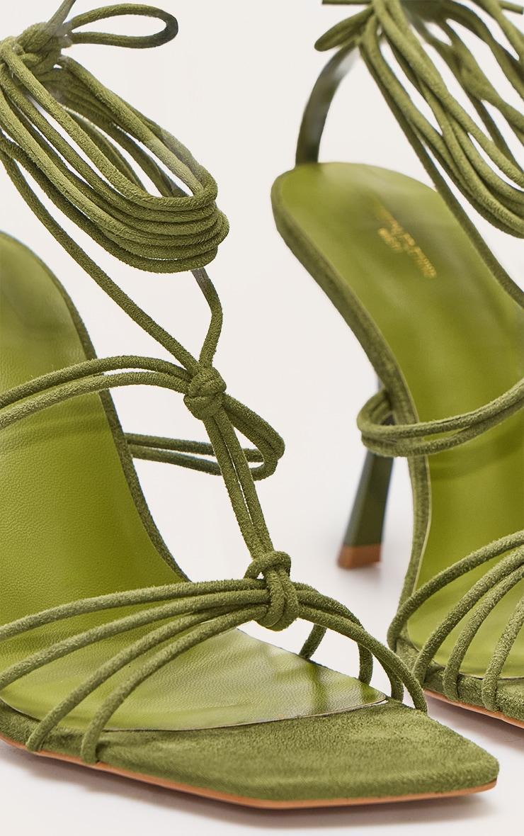 Green Wide Fit Pu Square Toe Knotted Strappy Lace Up Heeled Sandals Product Image