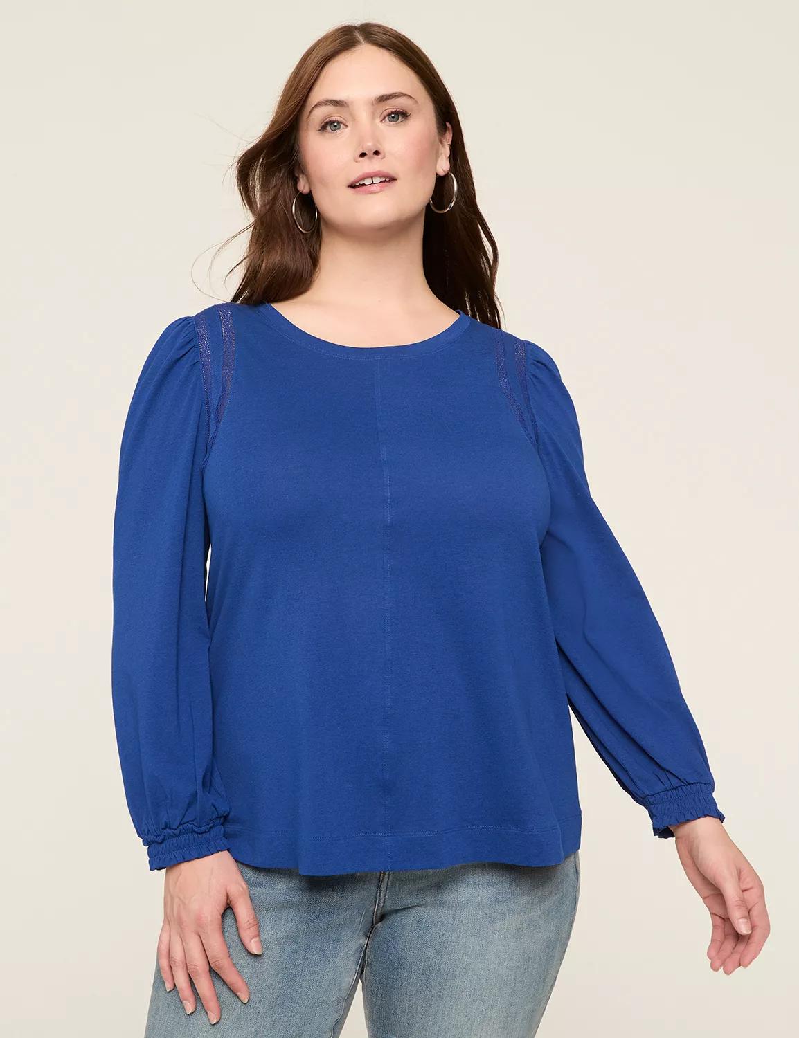 Smocked-Cuff Crochet-Trim Top Product Image