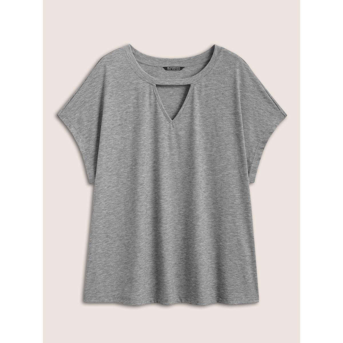 Plus Size Plain Heather Keyhole Dolman Sleeve T-shirt DarkGray Women Casual Cut-Out Round Neck Everyday T-shirts BloomChic 18-20/2X Product Image