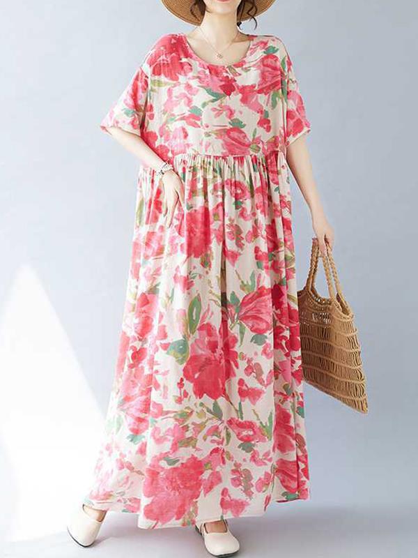 A-line Batwing Sleeves Flower Print Pleated Split-Joint Round-neck Midi Dresses Product Image