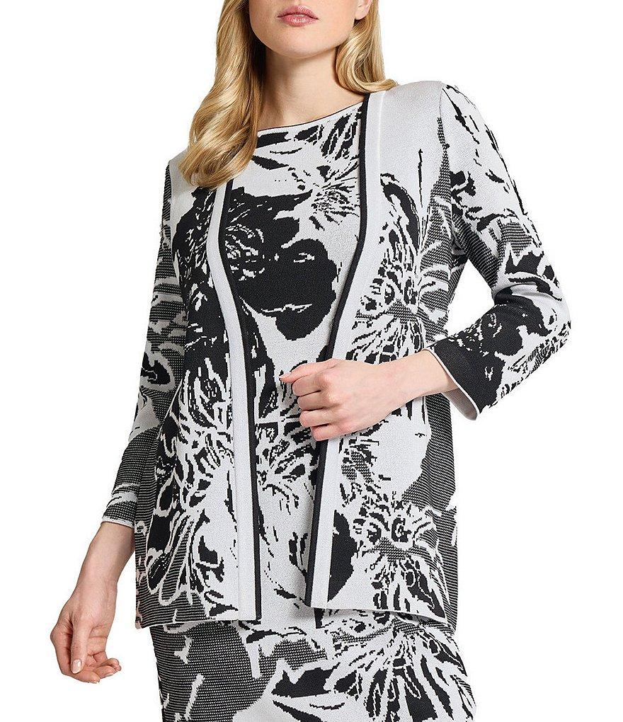 Ming Wang Floral Jacquard Knit Open Front Bracelet Sleeve Cardigan Product Image