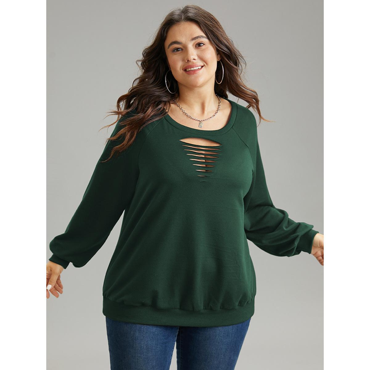 Plus Size Solid Rib Knit Cut Out Raglan Sleeve Sweatshirt Women Green Casual Rib Knit Keyhole Cut-Out Everyday Sweatshirts BloomChic 26/4X Product Image