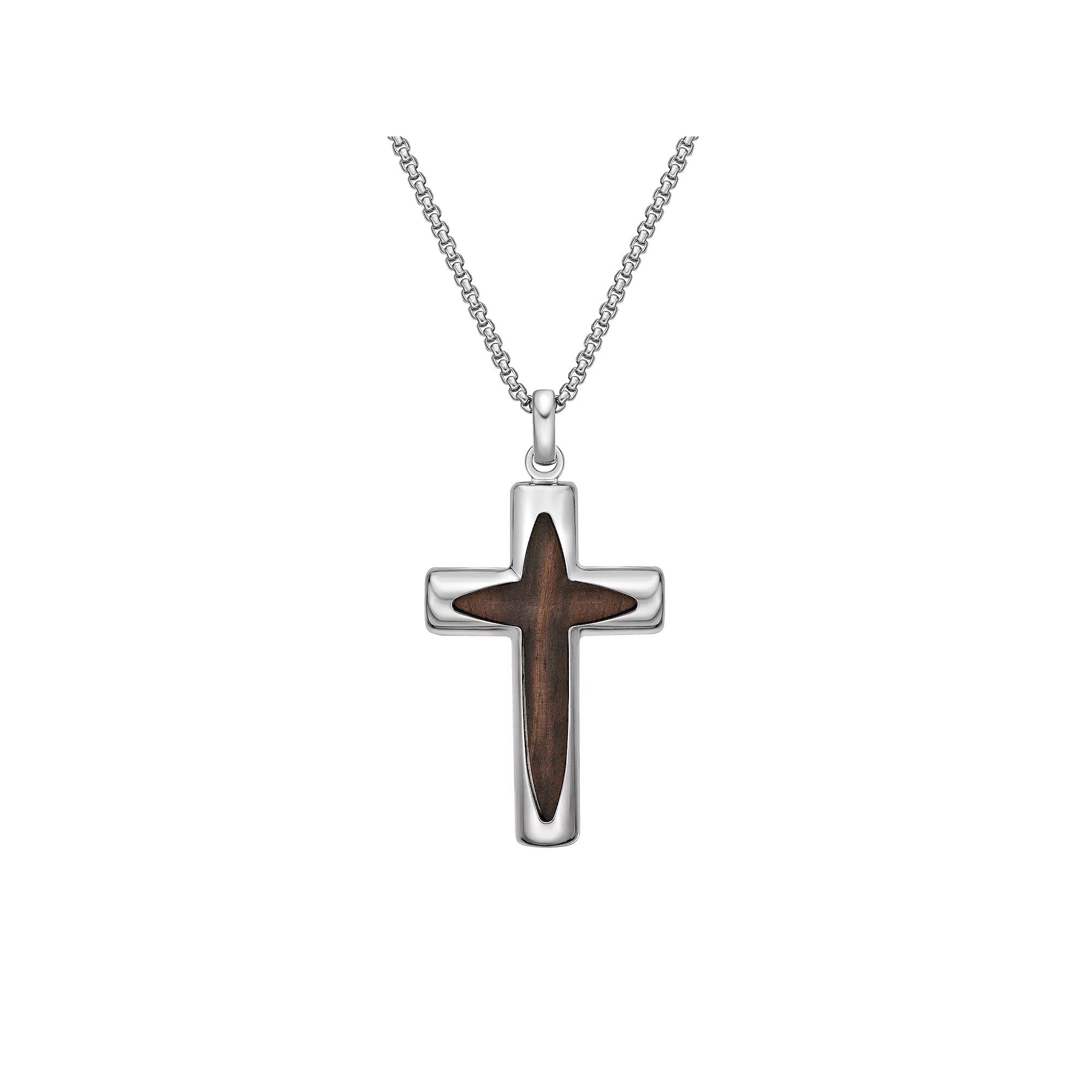 LYNX Stainless Steel & Wood Cross Pendant 24" Men's Necklace Product Image