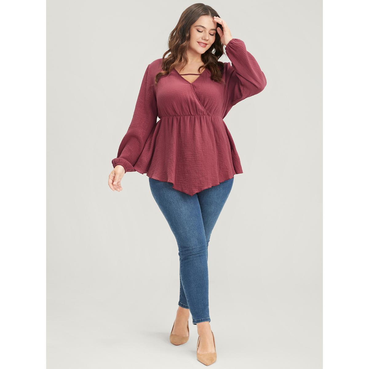 Plus Size Russet Solid Lantern Sleeve Asymmetrical Hem Wrap Blouse Women Elegant Long Sleeve V-neck Dailywear Blouses BloomChic 28/5X Product Image