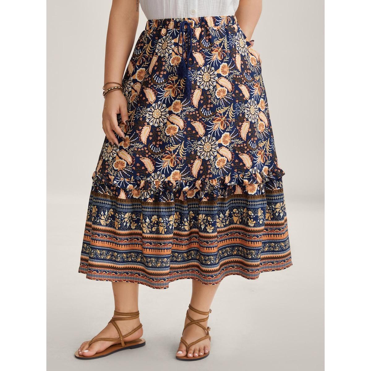 Plus Size Boho Print Tiered A-Line Maxi Skirt Women DarkBlue Loose No stretch Side seam pocket Vacation Skirts BloomChic 18-20/2X Product Image