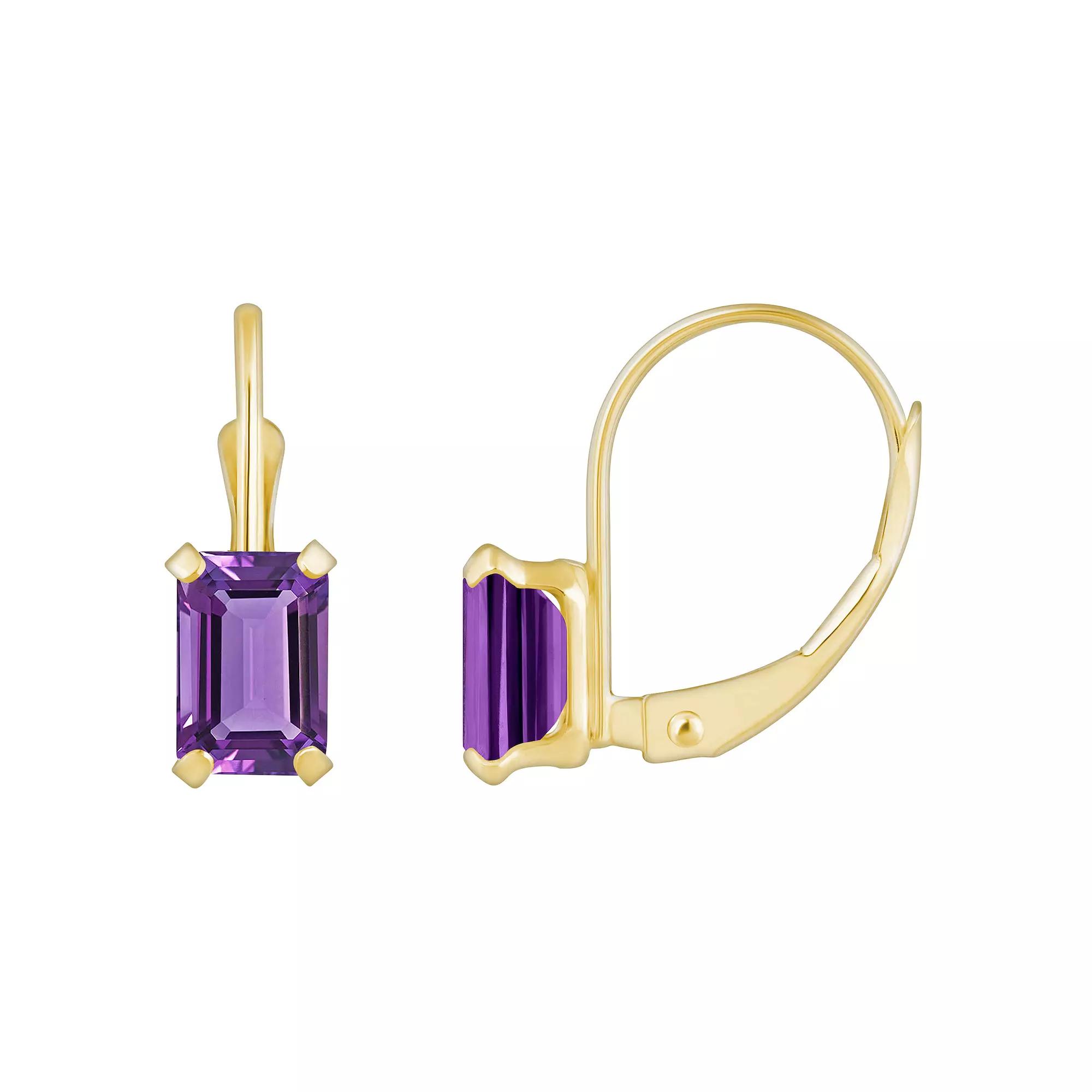 Celebration Gems 10k Gold Emerald Cut Amethyst Leverback Earrings, Women's Product Image