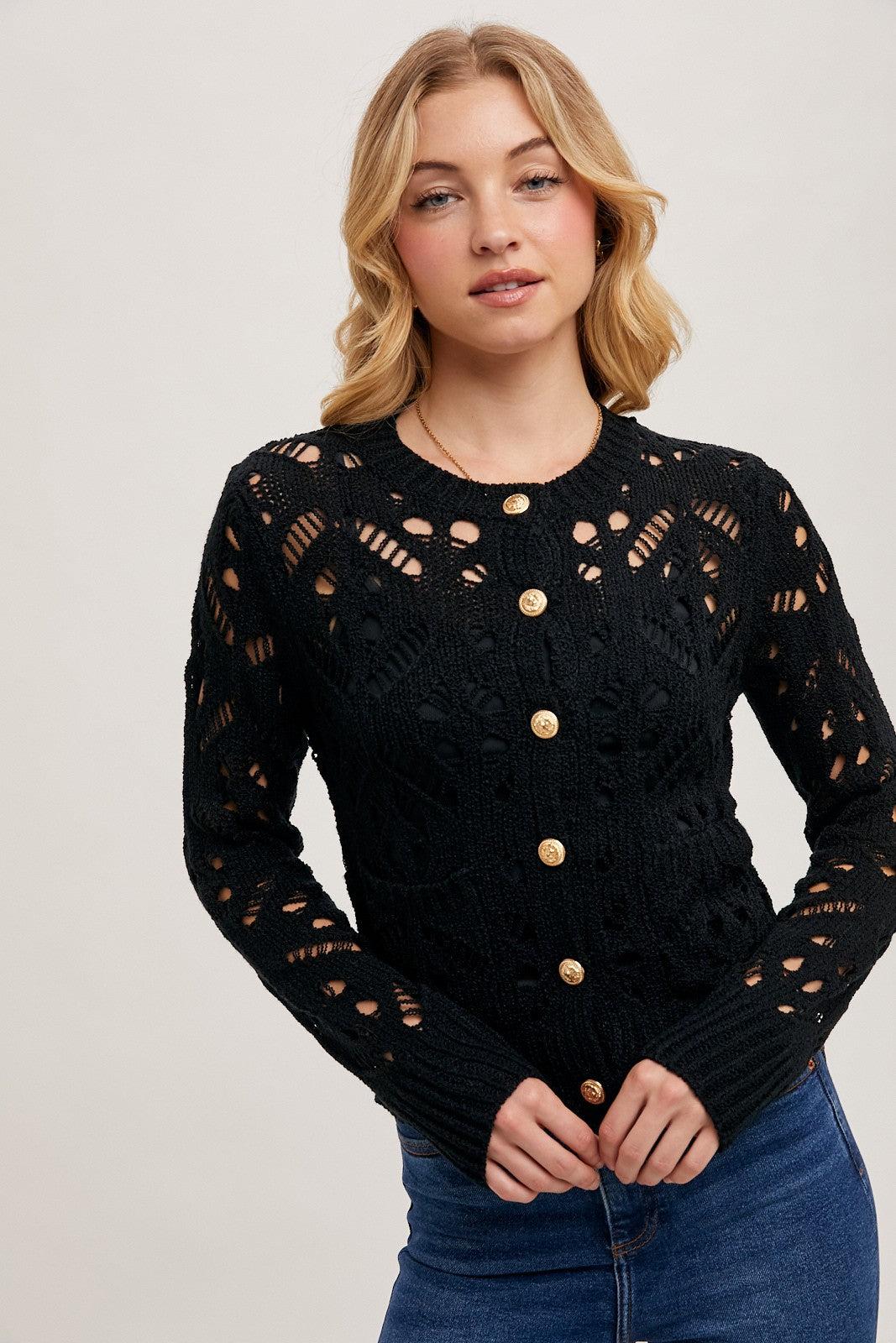 Button Down Pointelle Knit Cardigan Product Image