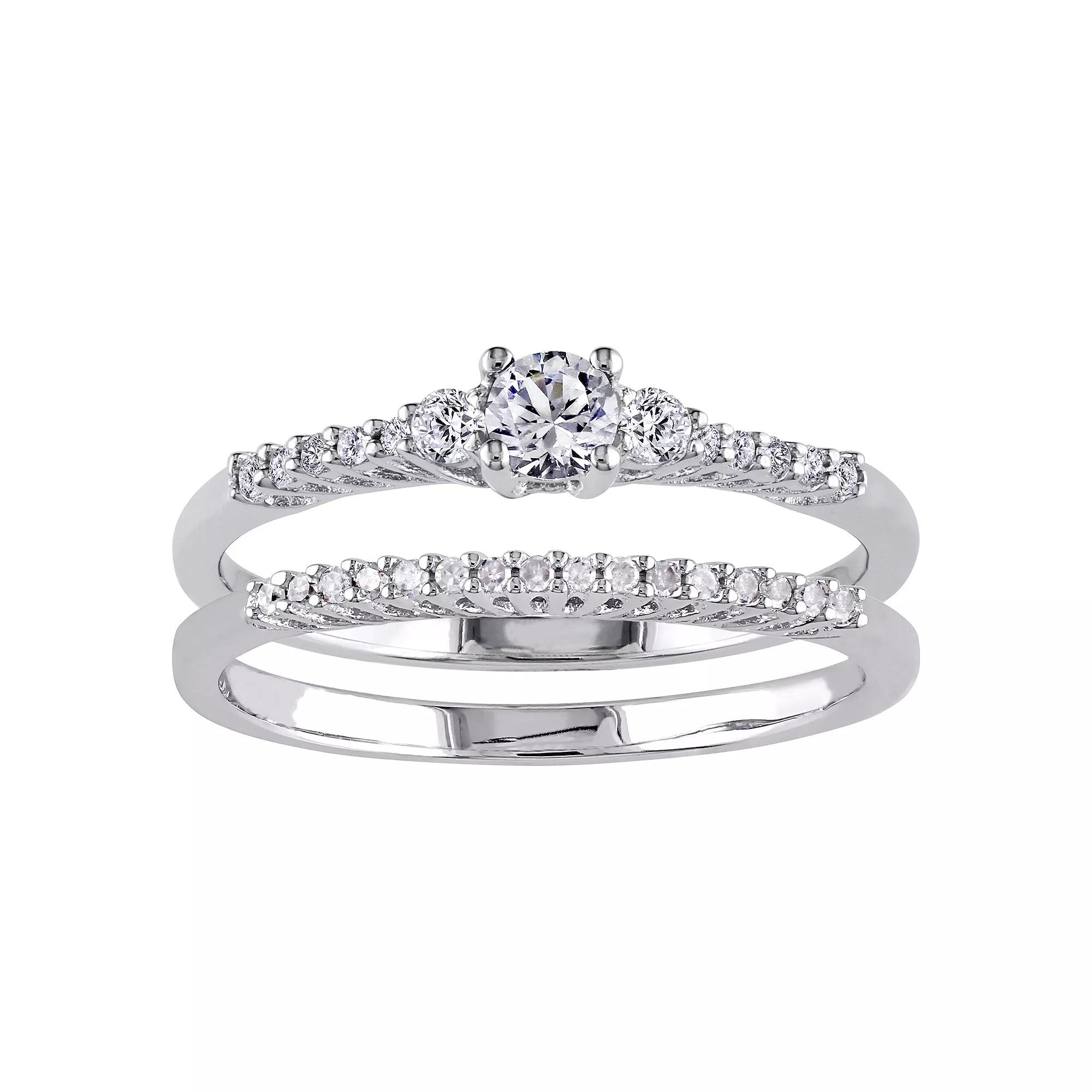 Stella Grace Sterling Silver Lab-Created White Sapphire & 1/10 Carat T.W. Diamond Engagement Ring Set, Womens Product Image