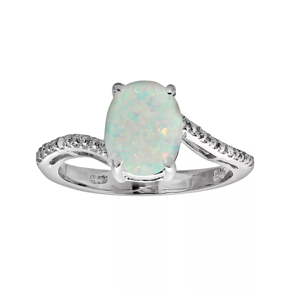 Gemminded Sterling Silver Lab-Created Opal and Diamond Accent Oval Ring, Women's, Size: 7, White Product Image