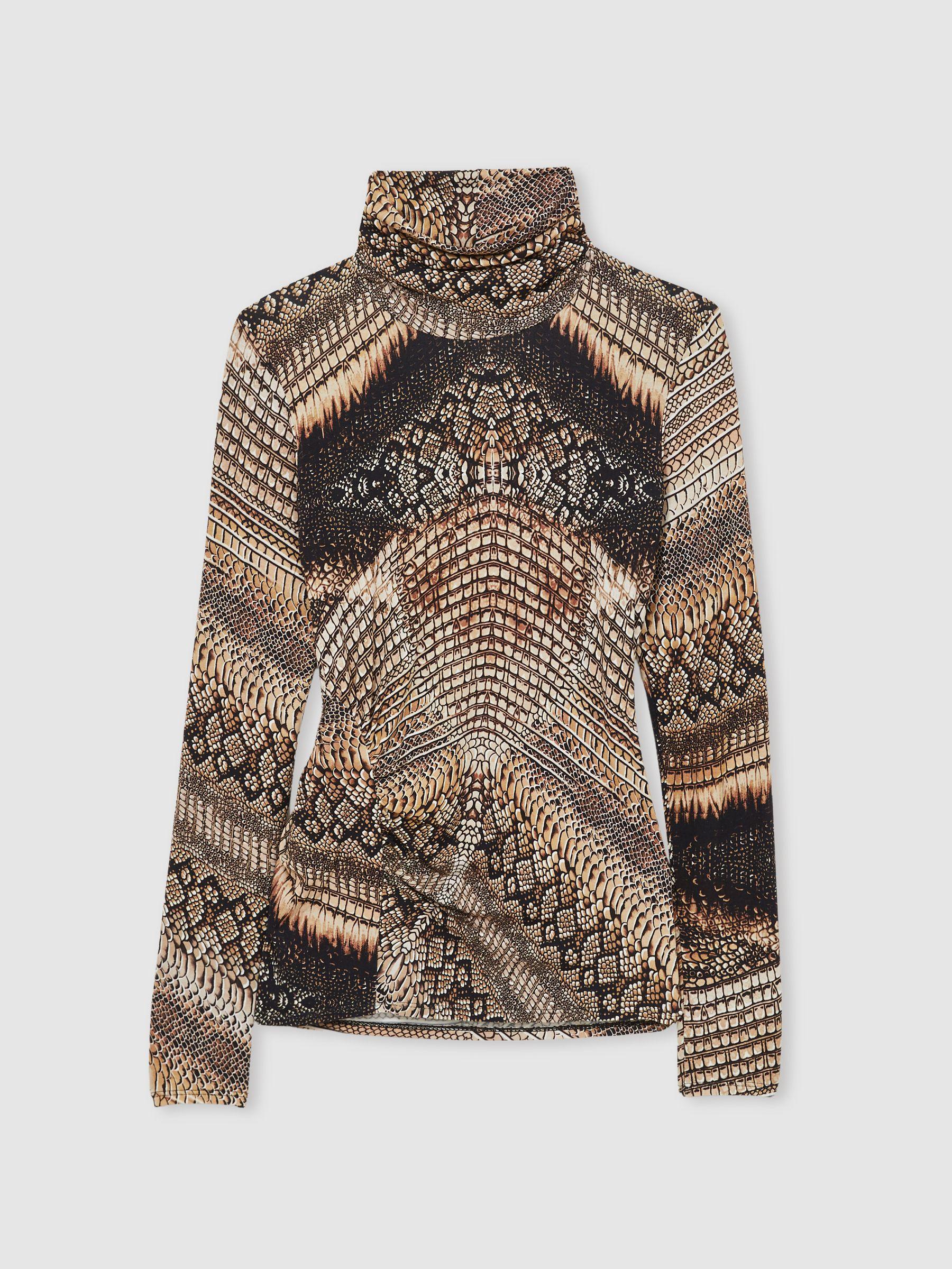 Snake-Print Roll-Neck Top in Brown Product Image