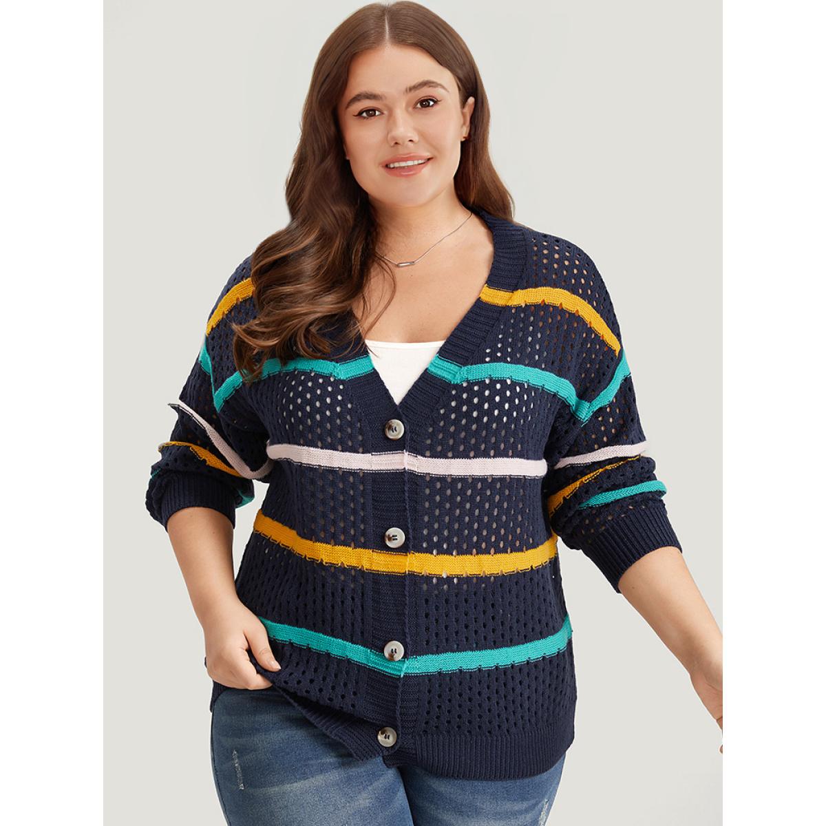 Plus Size Contrast Striped Button Through Hollow Out Cardigan Indigo Women Casual Loose Long Sleeve Everyday Cardigans BloomChic 22-24/3X Product Image