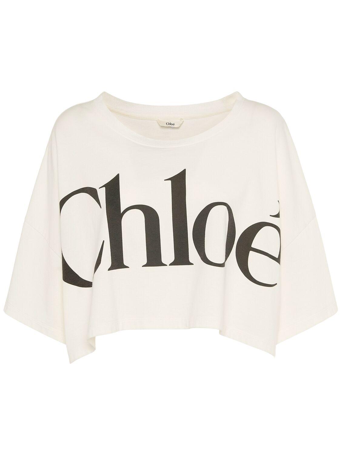 CHLOÉ White Cropped Crewneck T-shirt With Maxi Logo Print On The Front In Cotton Woman In Multicolor Product Image